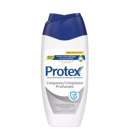 Frasco de 250 ml do produto de limpeza profunda Protex, com embalagem em tons de azul e branco. O rótulo destaca a proteção antibacteriana natural com óleo de linhaça.