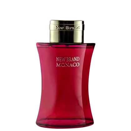 Frasco de perfume New Brand Monaco, com design elegante e moderno. Recipiente vermelho vibrante com tampa dourada e rótulo destacando o nome da marca. Embalagem compacta e atraente, com aspecto premium.