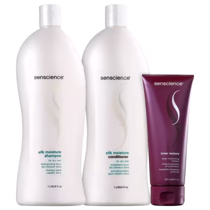 Shampoo e condicionador da linha "Silk Moisture" e um tubo de máscara hidratante "Inner Restore Intensif" da mesma marca. O conjunto parece ser voltado para cabelos secos ou danificados, com foco em hidratação
