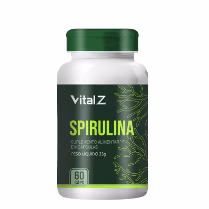 Suplemento alimentar em cápsulas de Spirulina da marca Vital Z, em embalagem branca com detalhes verdes, contendo 60 cápsulas e peso líquido de 33g.