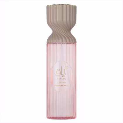 Frasco de perfume Lattafa Teriac com design ondulado em tons de bege e rosa, contendo texto em árabe e inglês indicando "Perfume Mist".