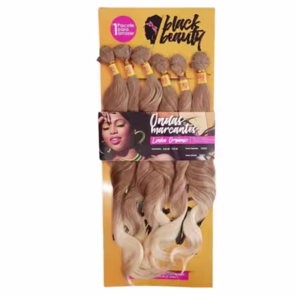 Conjunto de extensões de cabelo da marca Black Beauty. A embalagem é uma caixa amarela com o logotipo da marca e uma imagem de uma mulher negra. O rótulo indica que as extensões são da linha "Linda Orgânica" da marca.