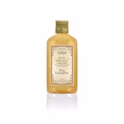 Refil de sabonete líquido da marca Empório Essenza, com rótulo em estilo vintage e aroma de flor de laranjeira, em frasco de plástico transparente com tampa dourada.