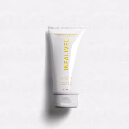 Tubo branco de creme corporal da marca Primacial, com rótulo amarelo destacando o nome "Infallivel" e informações sobre o produto.