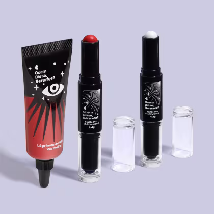 Imagem do produto Combo Halloween QDB: Lágrimas de Glitter Vermelho 9ml + Bastão Duo Laranja e Roxo QDB 4,4g + Bastão Duo Preto e Branco 4,4g