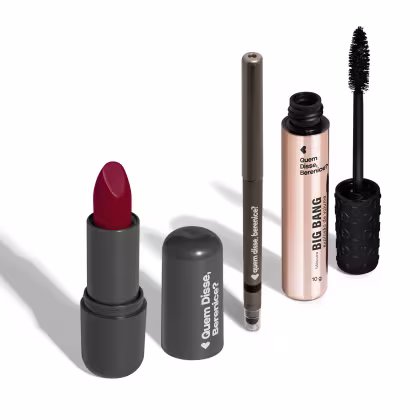 Batom Vermelho Cremoso 3,8g + Máscara de Cílios 10g + Lápis Para Olhos Preto.