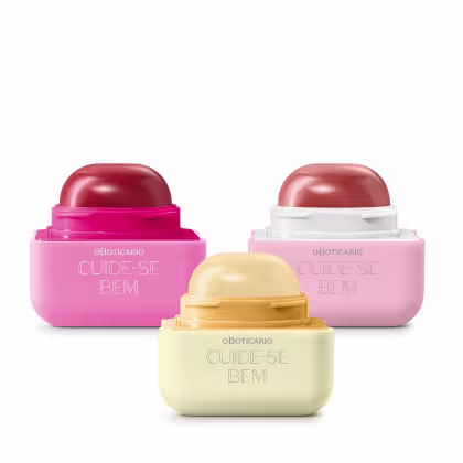 Três embalagens de produtos de beleza da marca Cuide-se Bem, em cores rosa, branca e amarela, com tampas arredondadas e textos em destaque na embalagem.