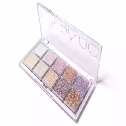 Paleta de sombras compacta da marca rom&nd, com 12 tons de cores brilhantes em embalagem transparente.