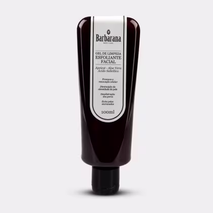 Gel de limpeza esfoliante facial da marca Barbarana. A embalagem é um tubo preto e branco com o nome da marca e as informações sobre o produto destacadas. O tubo contém 100ml de produto e possui uma tampa preta na parte superior.