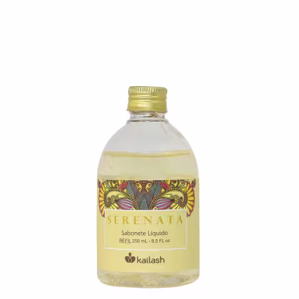 Frasco de sabonete líquido da linha Serenata da marca Kailash, com rótulo decorado em tons de amarelo e marrom, contendo 250 mL de produto.