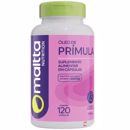Frasco branco com tampa verde-limão contendo cápsulas de óleo de prímula, suplemento alimentar da marca Maltta Nutrition. O rótulo apresenta informações sobre o produto em português.