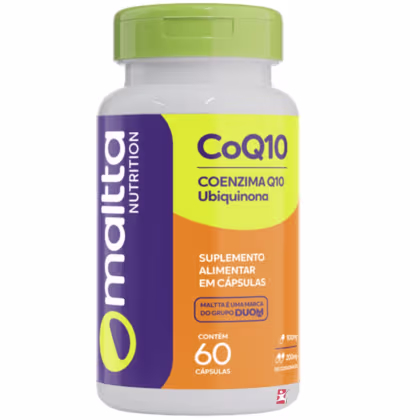 Frasco branco e verde com rótulo roxo e amarelo contendo 60 cápsulas de Coenzima Q10, suplemento alimentar da marca Maltta Nutrition.