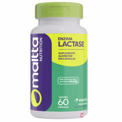 Frasco branco e verde com rótulo roxo e amarelo contendo 60 cápsulas do suplemento alimentar Enzima Lactase da marca Maltta Nutrition.