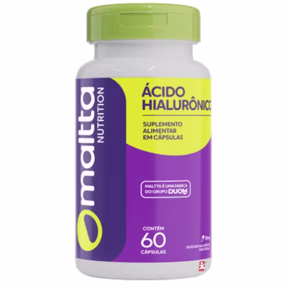 Frasco de cápsulas de Ácido Hialurônico da marca Maltta Nutrition, com rótulo em tons de roxo e amarelo. O produto é apresentado em embalagem plástica branca com tampa verde, contendo 60 cápsulas.