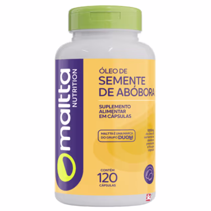Frasco branco com tampa verde e rótulo roxo e amarelo contendo cápsulas de óleo de semente de abóbora, suplemento alimentar da marca Maltta Nutrition, com 120 cápsulas.
