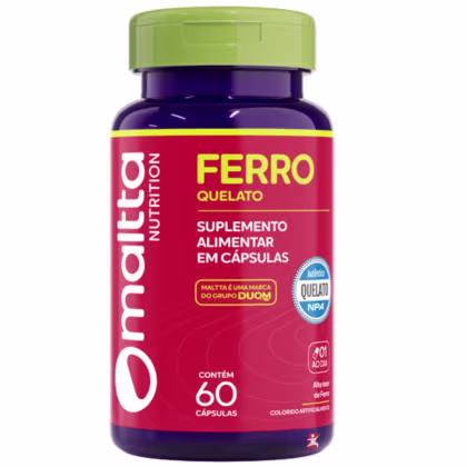 O produto é um suplemento alimentar em cápsulas da marca Maltta Nutrition, chamado Ferro Quelato. A embalagem é um frasco roxo e verde com rótulo informativo sobre o conteúdo e benefícios do produto.
