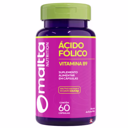 Frasco de cápsulas de Ácido Fólico com Vitamina B9, da marca Maltta Nutrition. Embalagem roxa e verde, com informações sobre o suplemento alimentar em cápsulas.
