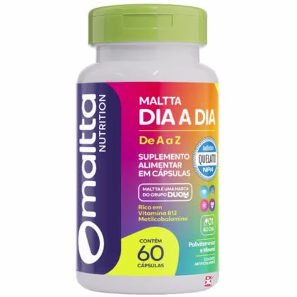 Suplemento alimentar em cápsulas da marca Maltta Nutrition, com a descrição "Dia a Dia De A a Z" na embalagem plástica branca e verde. O produto contém 60 cápsulas e é rico em vitamina B12 e metilcobalamina.