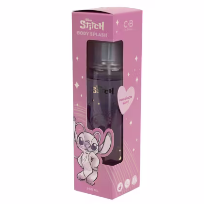 Frasco de corpo com splash da marca Disney Stitch, em embalagem rosa com ilustrações do personagem, contendo 200 ml de produto da linha de beleza Cia. Beauty.