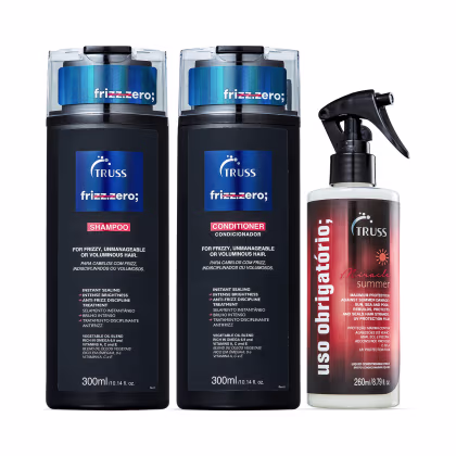 Conjunto de produtos da marca TRUSS: inclui shampoo e condicionador Frizz Zero de 300ml cada, e tratamento reconstrutor  "Uso Obrigatório Summer" 260ml