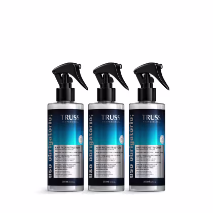 Três frascos de 260ml do Reconstructor Hair da marca Truss Professional, um condicionador líquido para todos os tipos de cabelo, com ação anti-frizz e reconstrução imediata.
