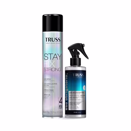 Dois produtos da marca Truss Professional: um frasco de spray fixador de cabelo Stay Fix Strong e um frasco de reconstrutor capilar Reconstructor, ambos com embalagens pretas e azuis.