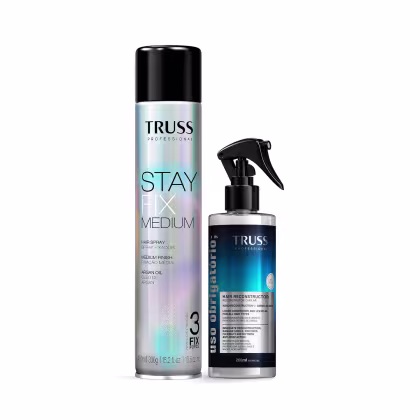 O produto de beleza TRUSS apresenta um frasco de spray para cabelo com rótulo azul e branco, e um frasco de condicionador líquido com rótulo azul. Ambos os produtos possuem embalagens pretas e brancas, com o nome da marca "TRUSS" destacado.