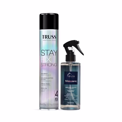 Dois produtos da marca Truss: um frasco de spray fixador de cabelo "Stay Fix Strong" e um frasco de tratamento anti-frizz "Frizz.zero", ambos em embalagens pretas e azuis com detalhes em branco.