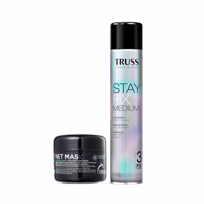 Dois produtos da marca Truss Professional: um frasco de spray para cabelo Stay Fix Medium e um pote de máscara Net Mask, ambos com embalagens pretas e detalhes em cores claras.