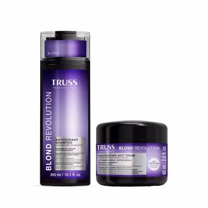 Dois produtos da linha Blond Revolution da marca Truss Professional: um frasco de shampoo antioxidante de 300 ml e um pote de creme reestruturante de 60 ml, ambos com embalagens em tons de roxo e preto.