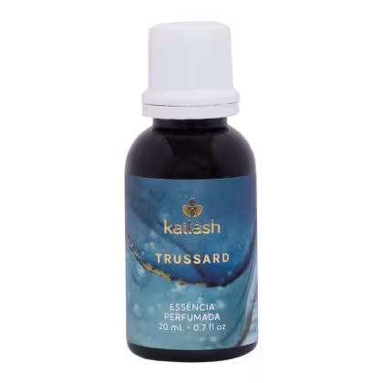 Frasco de essência perfumada da marca Kailash, com rótulo azul e dourado exibindo o nome "Trussard". O produto possui 20 ml e sua embalagem é composta por um recipiente preto com tampa branca.