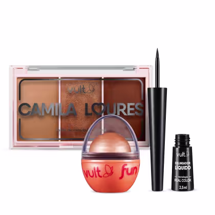 Imagem do produto Combo Vult Make: Paleta de Rosto Multifuncional Camila Loures 15,5g + Iluminador 3 em 1 Vult Fun Rosé Iluminada 6,5g + Delineador Líquido Preto 2,5ml