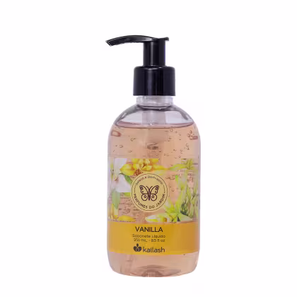 Frasco de sabonete líquido Kailash com 250 ml, com design em tons de amarelo e marrom, rótulo com ilustração de borboleta e texto "Vanilla".