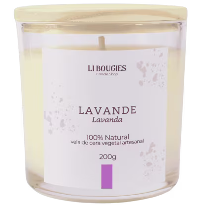 Vela de cera vegetal artesanal da marca LIBOUGIES, com o aroma de lavanda. A embalagem é um recipiente de vidro transparente com tampa, contendo 200g do produto. O rótulo exibe o nome do produto "LAVANDE Lavanda"
