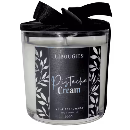 Vela perfumada da marca LIBOUGIES, com o rótulo "Pistache Cream". O produto é descrito como 100% natural e possui um peso de 200g.