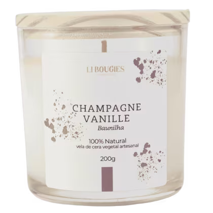 Vela de cera vegetal LIBOUGIES, com o aroma de "Champagne Vanille". A embalagem é um recipiente de vidro transparente com rótulo branco e detalhes em marrom. O rótulo contém informações incluindo o nome, a composição 100% natural e o peso de 200g.