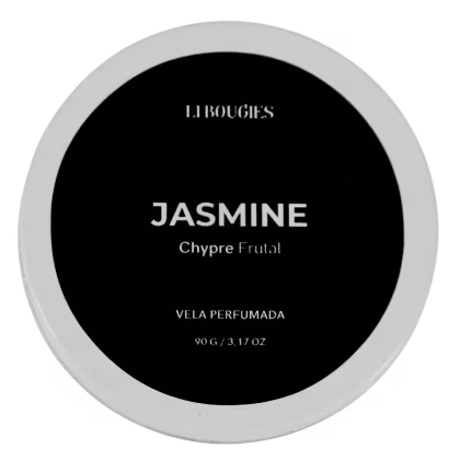 Vela perfumada LIBOUGIES, com o aroma de Jasmine. A embalagem é circular contendo o nome do produto "JASMINE" e a descrição "Chypre Frutal". O texto "VELA PERFUMADA" também é exibido no rótulo, juntamente com o peso de 90g