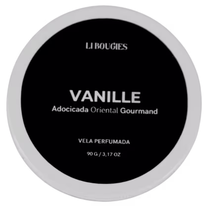 Vela perfumada da marca LIBOUGIES, com o aroma de Vanille (baunilha). A embalagem é circular, com um fundo preto e texto branco destacando o nome do produto e sua descrição como "Adocicada Oriental Gourmand".