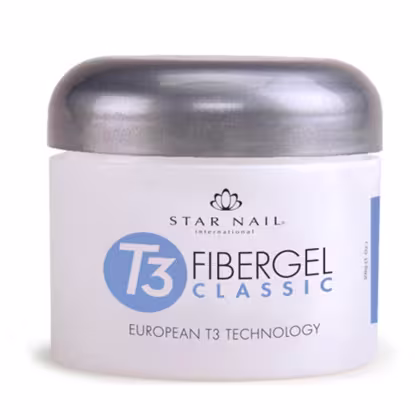 Gel de fibra chamado "T3 Fibergel Classic". A embalagem é um pote branco com uma tampa metálica cinza. O rótulo do produto exibe o nome da marca, o nome do produto e a tecnologia "European T3 Technology" em destaque.