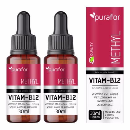 Imagem do produto Kit 2 Vitamina B12 Metilcobalamina 30ml Purafor – Sabor Morango, Alta Absorção