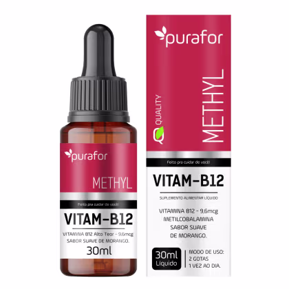 Imagem do produto Vitamina B12 Metilcobalamina 30ml Purafor – Sabor Morango, Alta Absorção