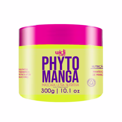 Embalagem rosa e amarela de máscara capilar ultra nutritiva da linha Phyto Manga da Widi Care, com 300g de produto e informações sobre sua composição e benefícios.
