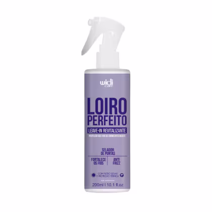 Frasco de spray branco com rótulo roxo da linha Loiro Perfeito da Widi Care, um leave-in revitalizante para proteção dos fios de forma inteligente contra o frizz e fortalecimento.