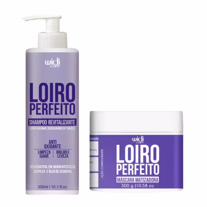 Frasco de shampoo revitalizante Loiro Perfeito com 300 ml e uma caixa de máscara matizadora Loiro Perfeito com 300 g. Ambos os produtos possuem rótulos com a marca Widi Care e informações sobre os benefícios e características dos itens.