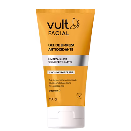 Gel de limpeza facial antioxidante Vult. Embalagem plástica amarela com detalhes em branco. Rótulo com o nome do produto "Gel de Limpeza Antioxidante" e informações adicionais como "Limpeza suave com efeito matte" e "Todos os tipos de pele". Contém 150g.