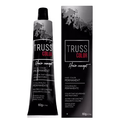 Tinta para cabelo da marca TRUSS Color, em embalagens pretas e cinzas, com rótulos destacando que o produto é uma coloração permanente que nutre e reconstrói o cabelo.