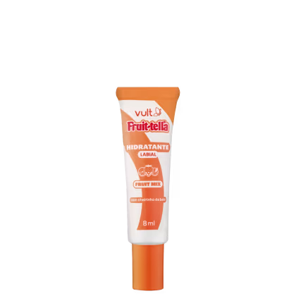 Produto de hidratação labial da marca Vult, linha Fruittella. Embalagem tubular com tampa protetora. Rótulo indicando sabor fruit mix e cheirinho de bala. Contém 8ml.
