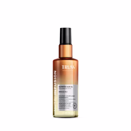 Frasco de óleo capilar nutritivo TRUSS, com embalagem tipo spray nas cores laranja bronze no topo e degradê amarelo embaixo. Títulos em branco sobre o frasco e rótulo com informações em preto sob fundo prata na parte médio inferior do frasco.