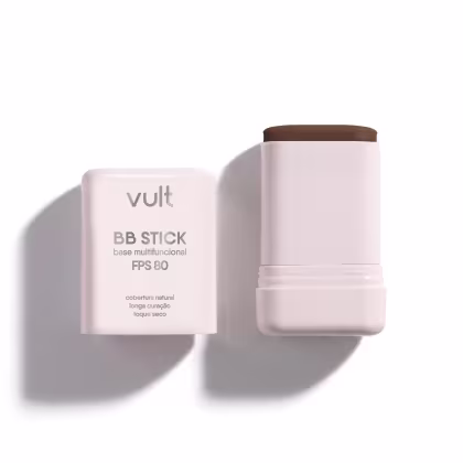 BB Stick base multifuncional FPS 80 da marca Vult, em embalagem retangular branca com detalhes em marrom, contendo informações sobre a cobertura natural, longa duração e toque seco do produto.