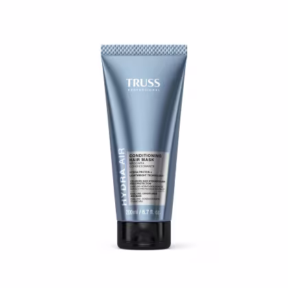 Tubo de máscara condicionadora de cabelo da marca Truss Professional, com embalagem cinza e preta, contendo 200ml do produto. Destaca-se a tecnologia Hydra Protein + Lightweight e a indicação de uso como condicionador e máscara.